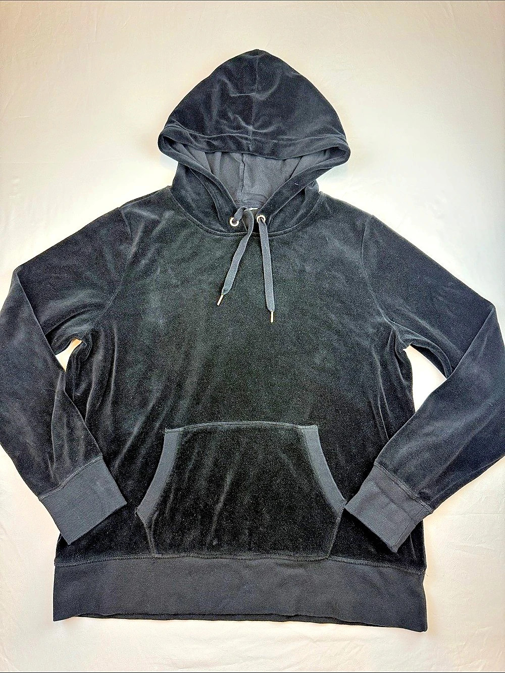 Women's Black Velour Hoodie Front Kangaroo Pocket Gold Tipped Drawstrings XL